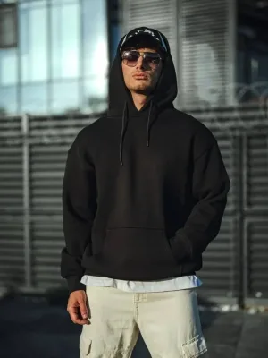 Muški crni 3 pređe pamučni kapuljačasti basic sweatshirt