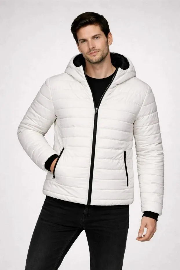 Men's Cream Water Repellent Puffer Hooded Zippered Quilted Coat 1