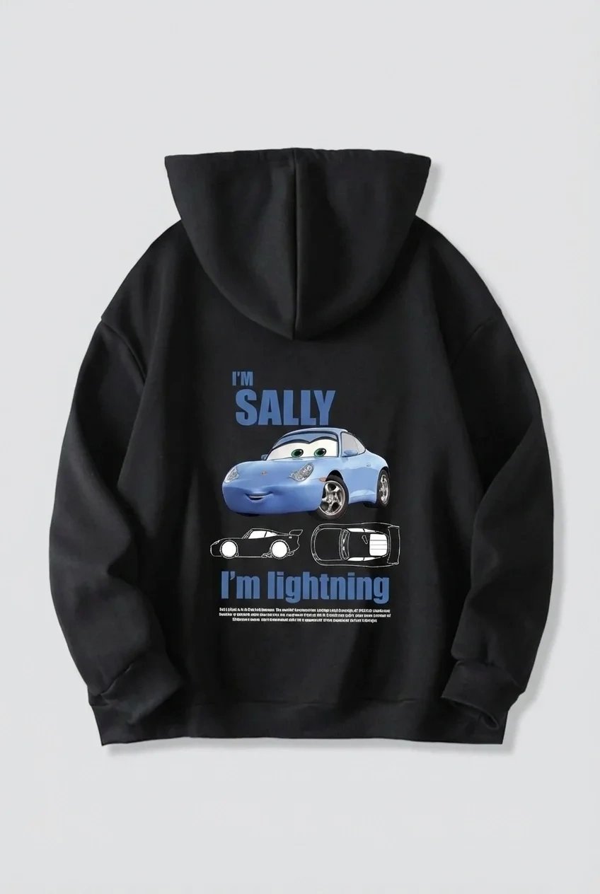 Erkek Siyah Oversize Araba Baskılı Kapüşonlu Sweatshirt
