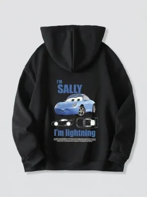 Men's Black Oversize Car Printed Hooded Sweatshirt