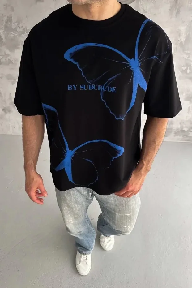 Bărbat Negru Oversize Guler Bicicletă Imprimat Tricou 2