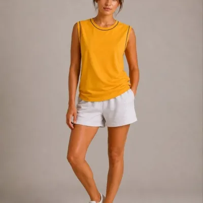 Women's Yellow Contrast Binding Scoop Neck Sleeveless Basic Tank Top 1