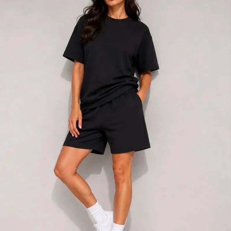 Γυναικείο Μαύρο Oversize Σετ με Σορτς από Μαλακό Modal με Υφή και Τσέπες