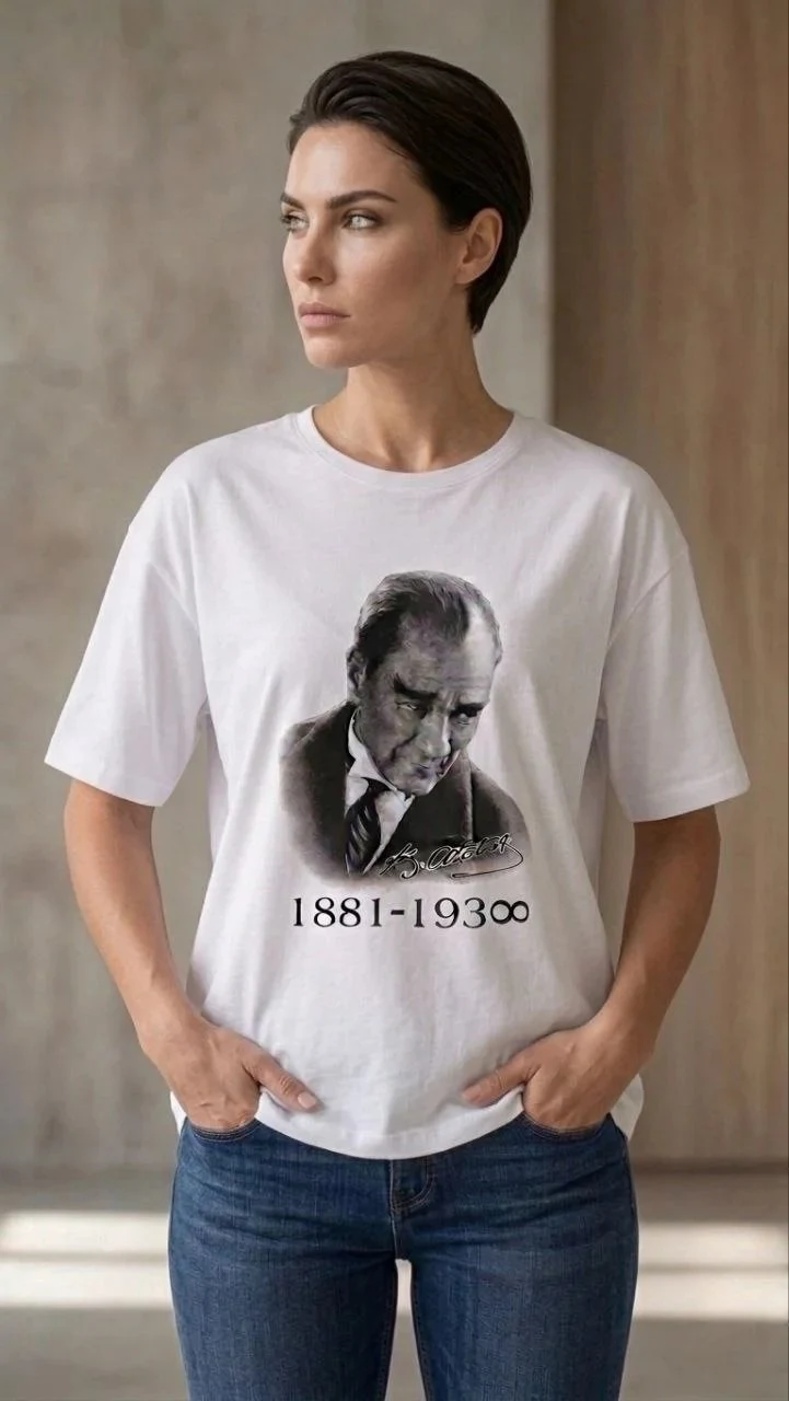 Tîşorta Jinan Spî Bi Stûyê Bisîkletê Û Çapa Atatürk