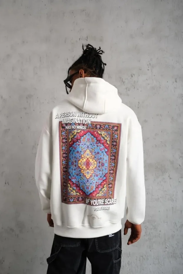 Pánské bílé oversized 3-nitní bavlněné kapucové potištěné mikiny 3