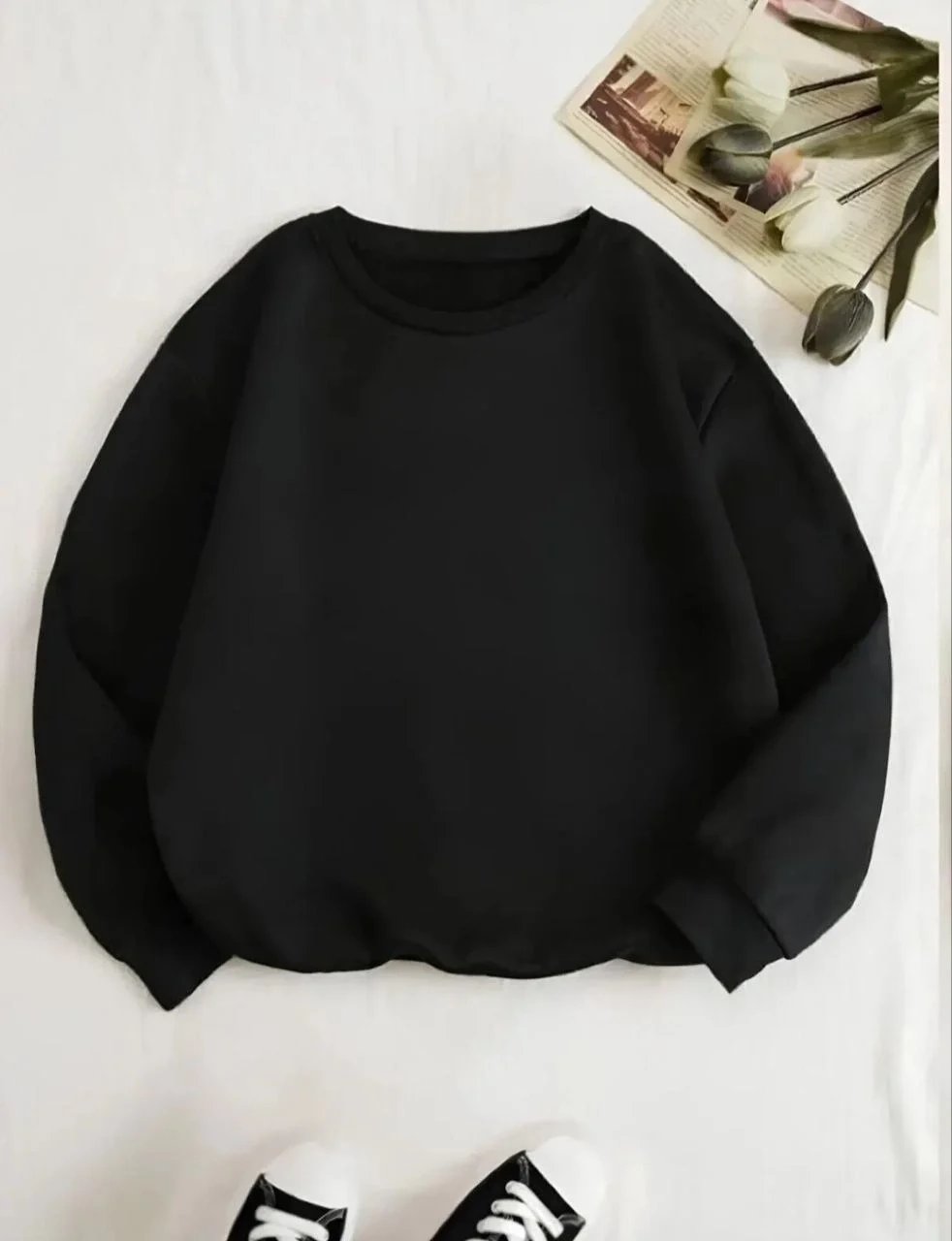 Kadın Siyah 3 İplik Pamuklu Bisiklet Yaka Sweatshirt