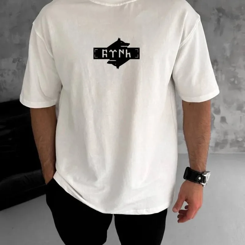 Tricou pentru bărbați, alb, oversized, cu gât rotund, imprimat