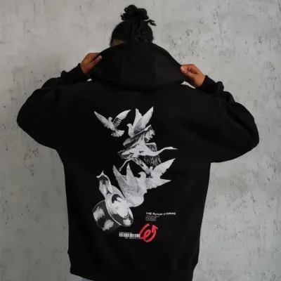 Pánské černé oversized 3-nitní bavlněné kapucové potištěné mikiny 1