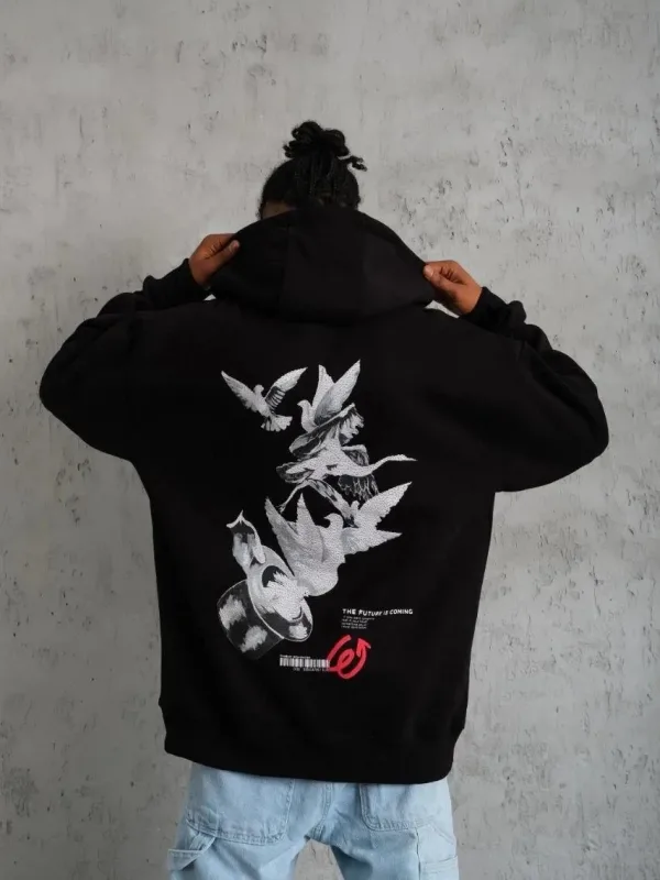 Pánské černé oversized 3-nitní bavlněné kapucové potištěné mikiny 1