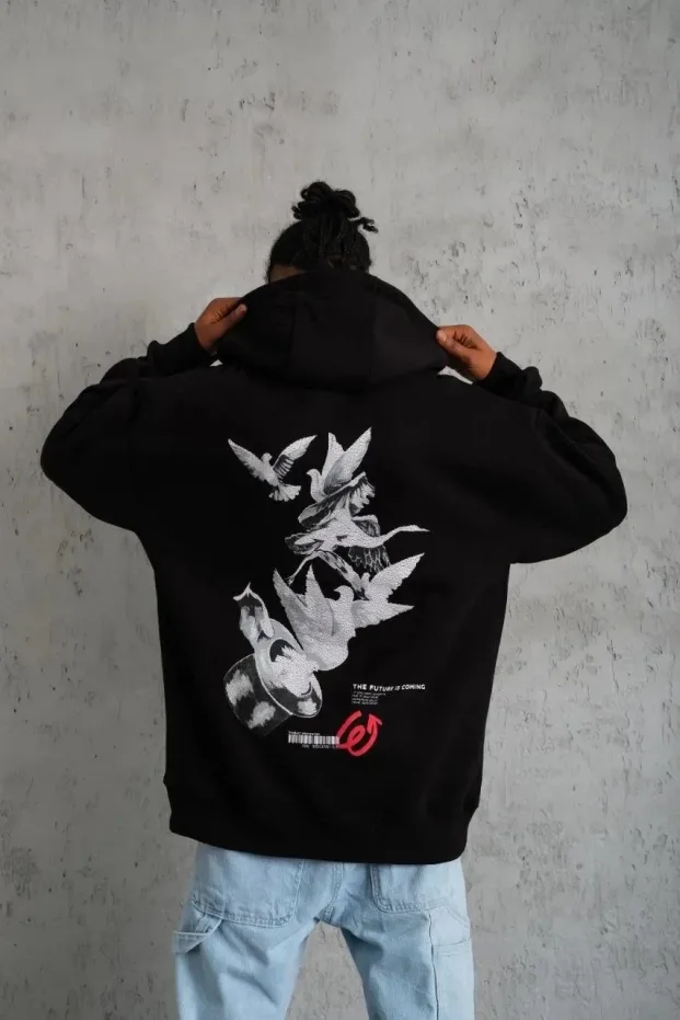 Erkek Siyah Oversize 3 İplik Pamuklu Kapüşonlu Baskılı Sweatshirt 1