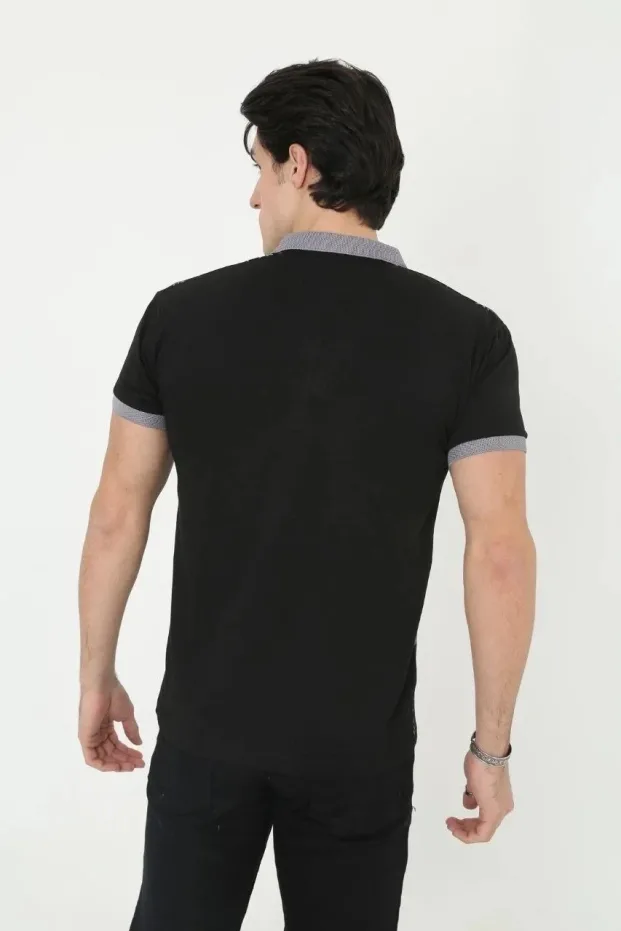 Чоловіча чорна футболка-поло slim fit з принтом, короткий рукав 2