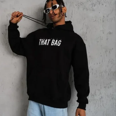 Erkek Siyah Oversize 3 İplik Pamuklu Baskılı Cepli Kapüşonlu Sweatshirt 1