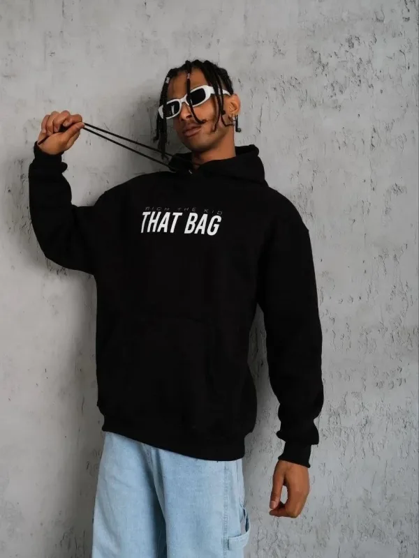 Muški crni oversize 3-nitni pamučni kapuljačasti tiskani sweatshirt s džepom
