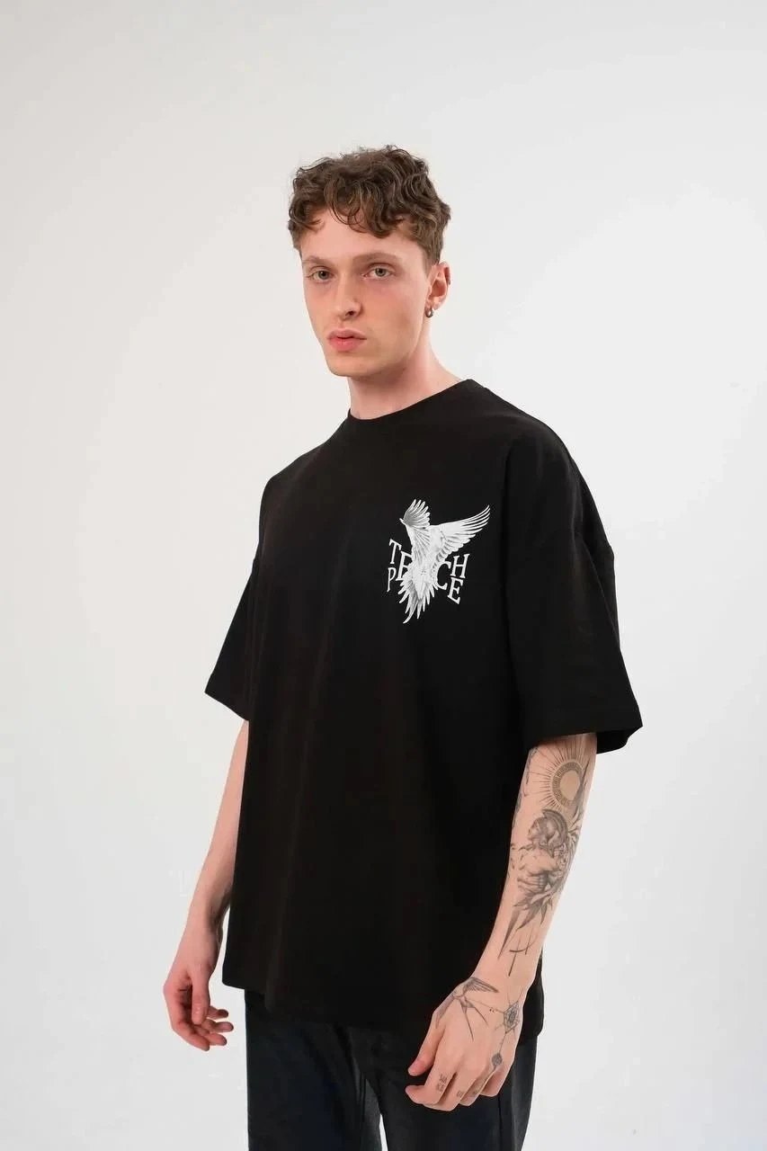 Bărbat Negru Oversize Guler Bicicletă Imprimat Tricou de Vară