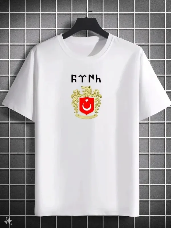 Bluzë verore për meshkuj, e bardhë, oversized, me jakë biçiklete, me printim 1