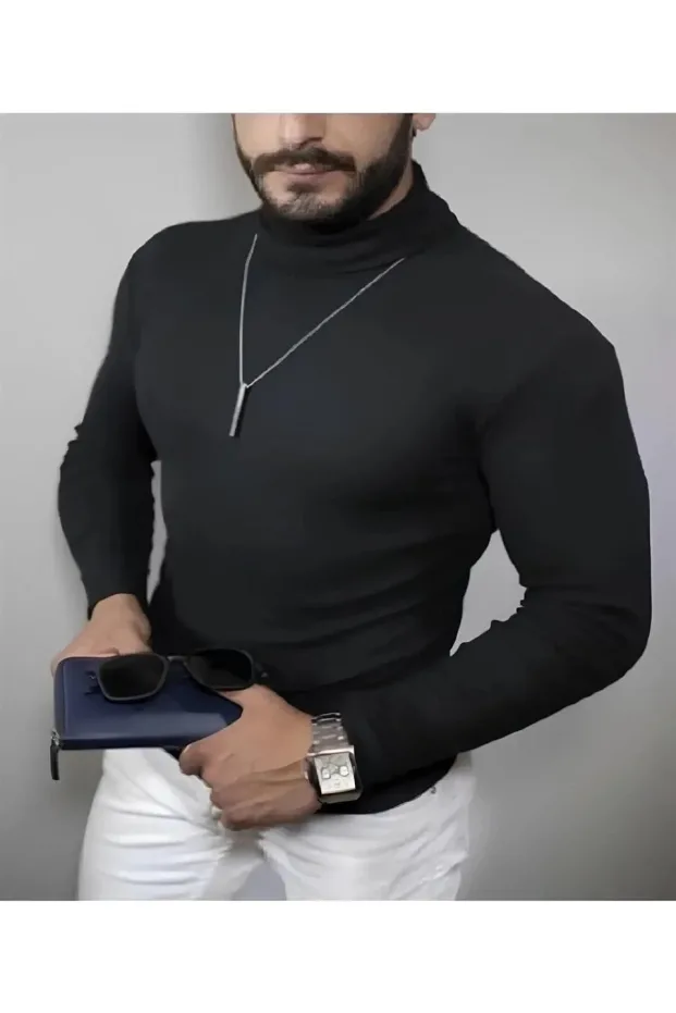 Férfi fekete elasztános bordázott garbós body pulóver 1