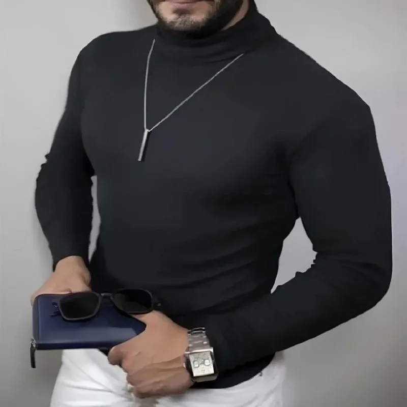 Pánský černý elastický žebrovaný rolák body svetr