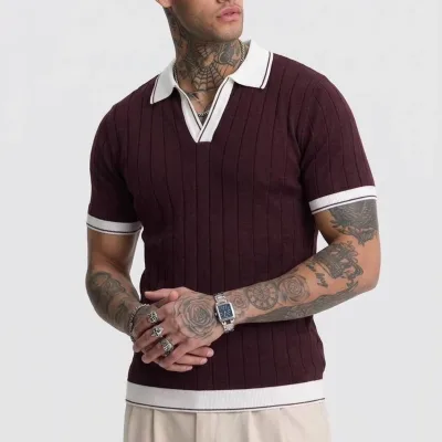 Tîşorta Polo Yaka Kevirê Kêm a Triko ya Mêr Bordo Basic 3