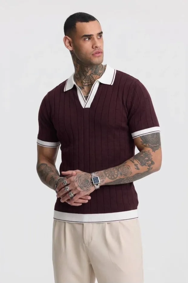 Erkek Bordo Basic Kısa Kollu Polo Yaka Triko Tişört 3
