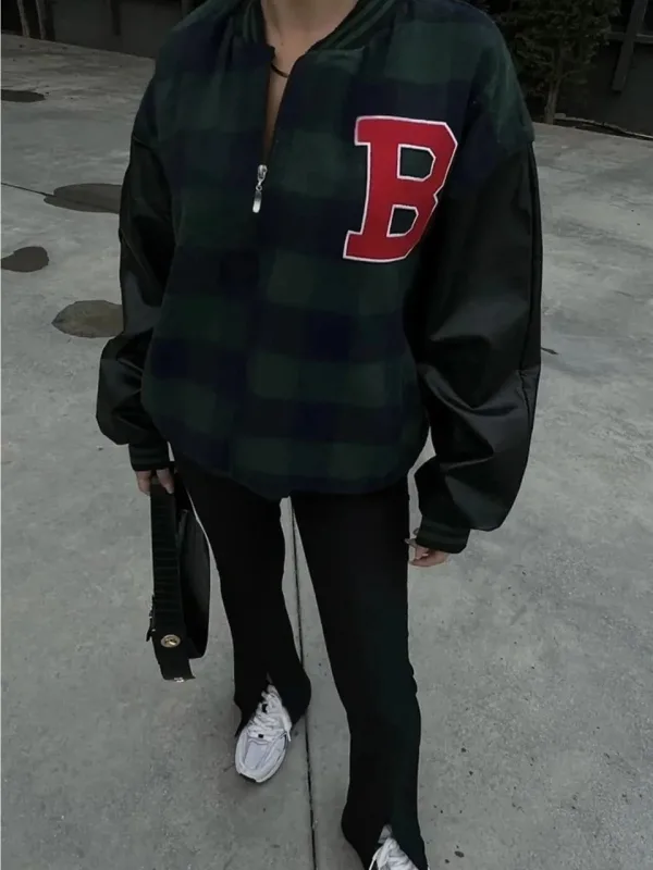 Women's Khaki Gingham Pattern Embroidered College Jacket 3