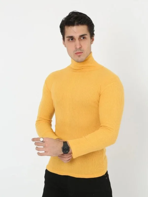 Erkek Sarı Slim Fit Likralı Boğazlı Fitilli Kaşkorse Body
