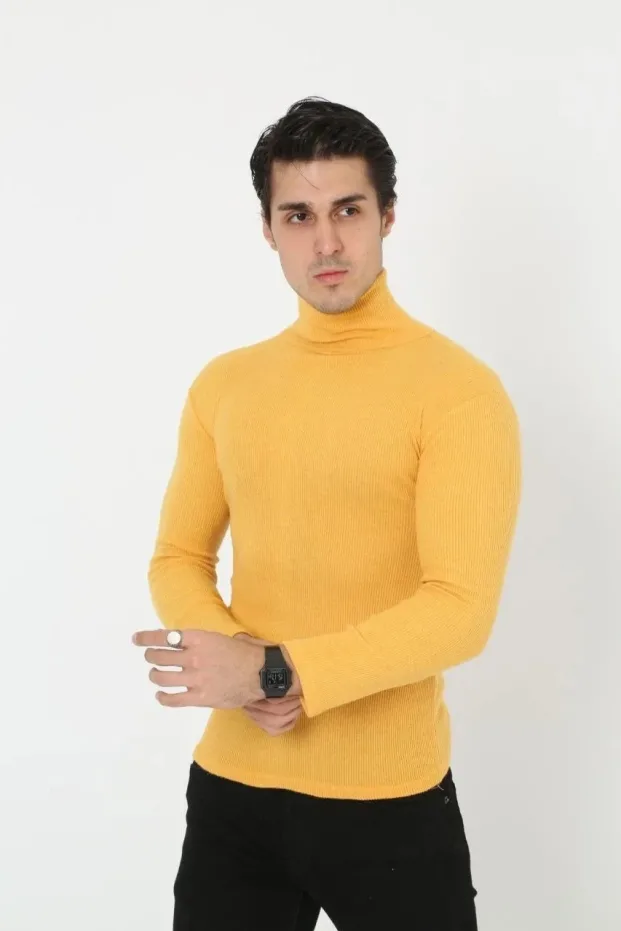 Férfi Sárga Slim Fit Likralı Turtleneck Bordázott Body 1