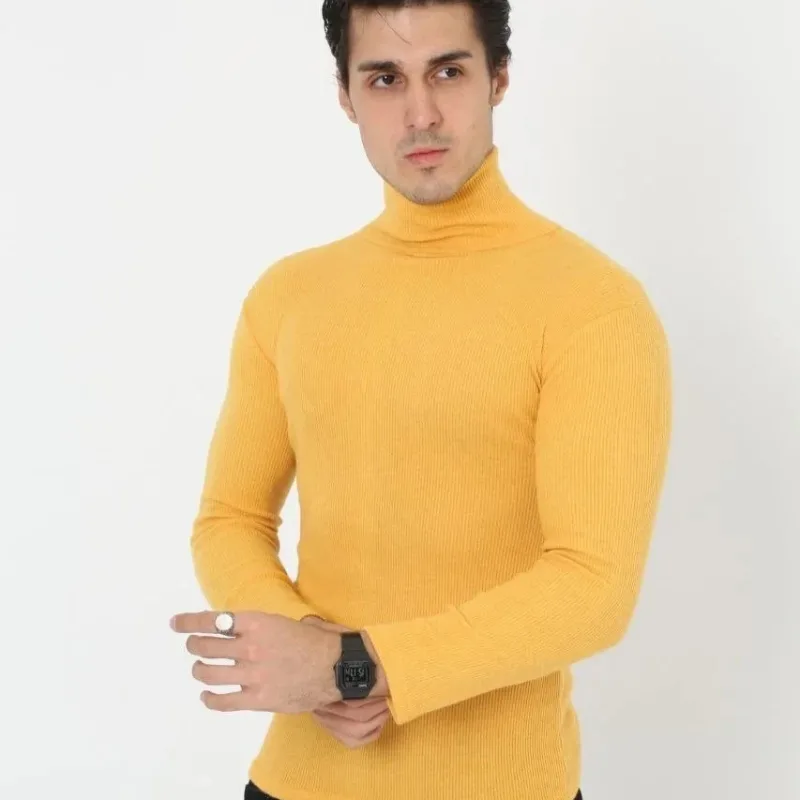 Pánske žlté slim fit lycrové rolákové rebrované body