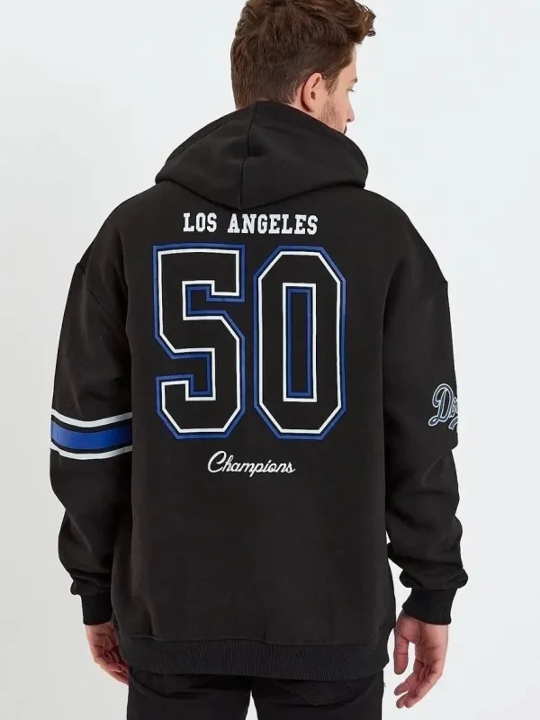 Erkek Siyah Oversize 3 İplik Pamuklu Kapüşonlu Baskılı Cepli Sweatshirt 1