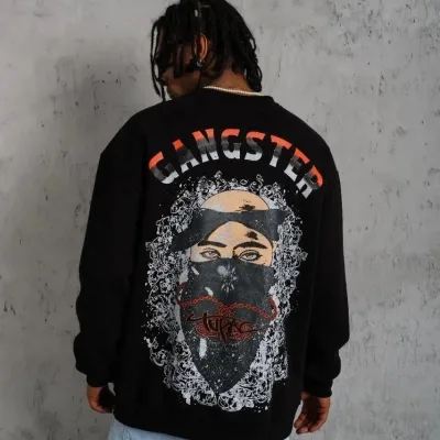 Men's Black 3-Thread Cotton Crew Neck Printed Sweatshirt 3