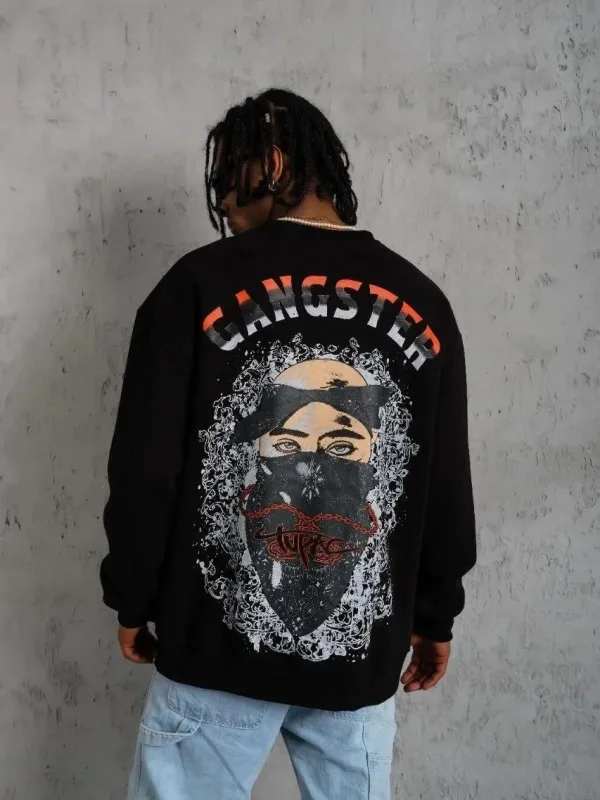 Men's Black 3-Thread Cotton Crew Neck Printed Sweatshirt 3