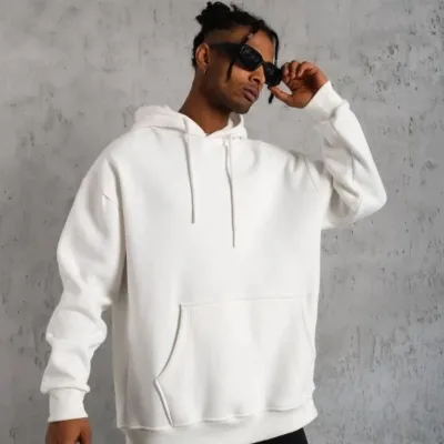 Pánské bílé oversized 3-nitné bavlněné mikiny s kapucí a kapsami 4
