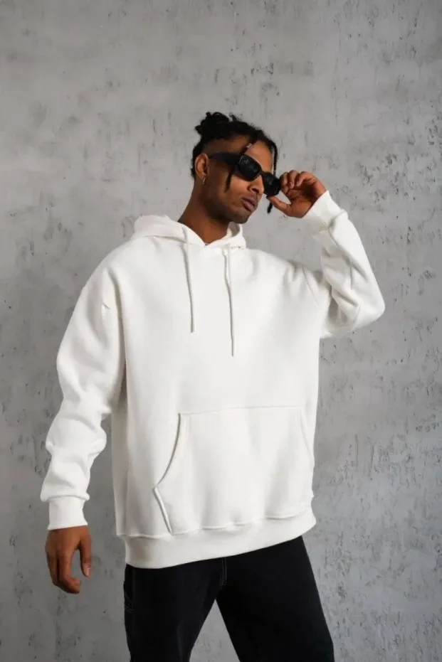 Pánské bílé oversized 3-nitné bavlněné mikiny s kapucí a kapsami 4
