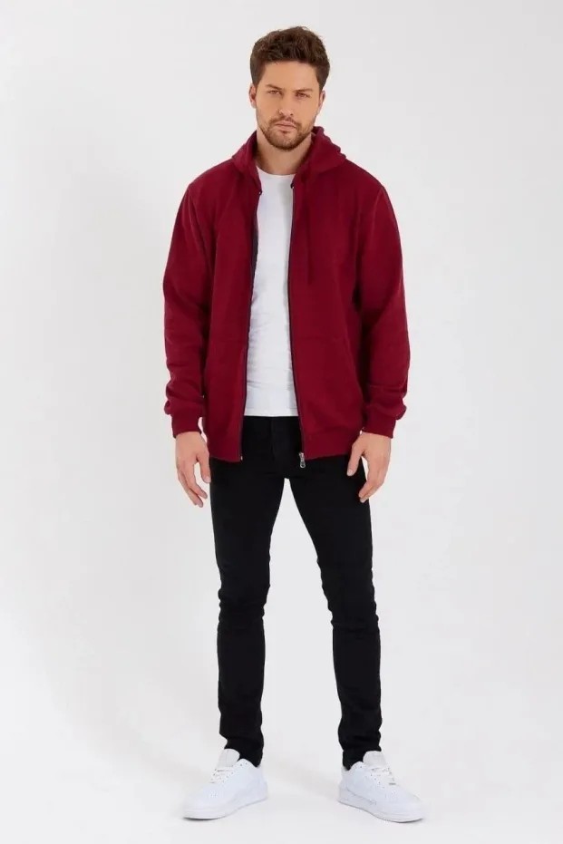 Erkek Bordo 3 İplik Pamuklu Tam Fermuarlı Kapüşonlu Sweatshirt 2