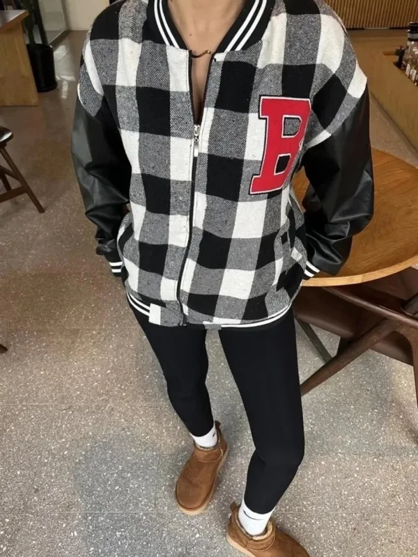 Women's Black Polka Dot Pattern Embroidered College Jacket 1