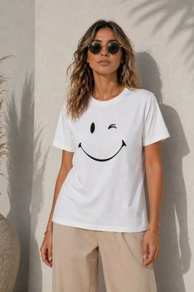 Γυναικείο Λευκό Oversize Χαμογελαστό Πρόσωπο Τυπωμένο Κοντό Μανίκι Μπλουζάκι 1