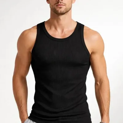 Men's Black Slim Fit V-Neck Ribbed Back Printed Sport Tank Top 3