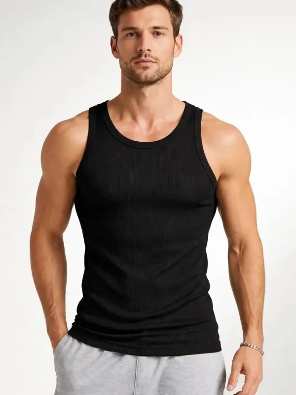 Men's Black Slim Fit V-Neck Ribbed Back Printed Sport Tank Top 3