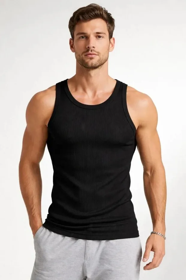 Erkek Siyah Slim Fit Sıfır Yaka Fitilli Arka Baskılı Spor Atlet 3