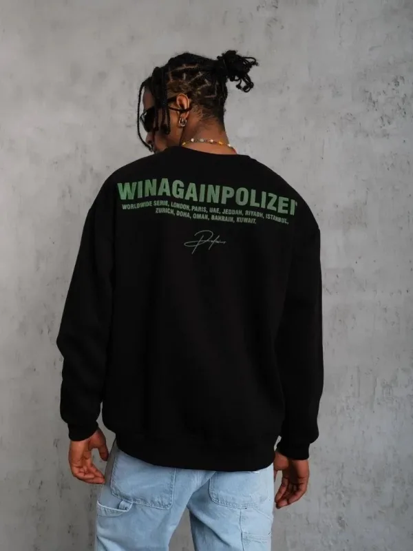Men's Black Oversize 3-Thread Cotton Front Back Printed Sweatshirt 2