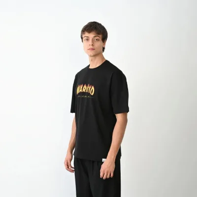 Tricou pentru bărbați, negru, regular fit, cu guler tip bicicletă, imprimat 3