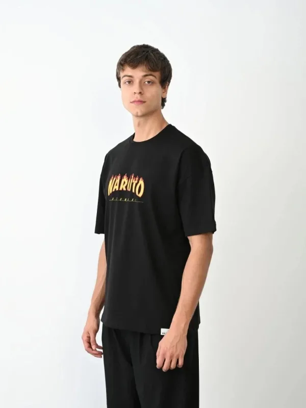 Tricou pentru bărbați, negru, regular fit, cu guler tip bicicletă, imprimat 3