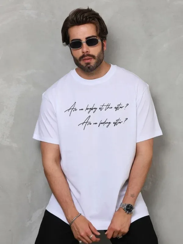 Λευκό Ανδρικό Oversize Ποδήλατο Λαιμό Τυπωμένο T-shirt 2