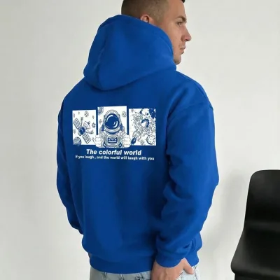 Men's Navy Blue 3-Thread Cotton Printed Hooded Sweatshirt with Pockets 5