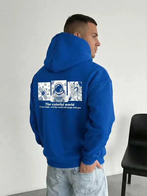 Men's Navy Blue 3-Thread Cotton Printed Hooded Sweatshirt with Pockets 5