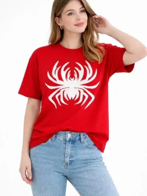 Női Piros Oversize Pók Nyomott Kerékpárnyakú Póló