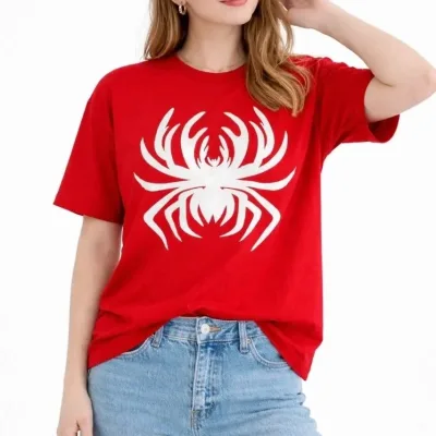 Női Piros Oversize Pók Nyomott Kerékpárnyakú Póló 1