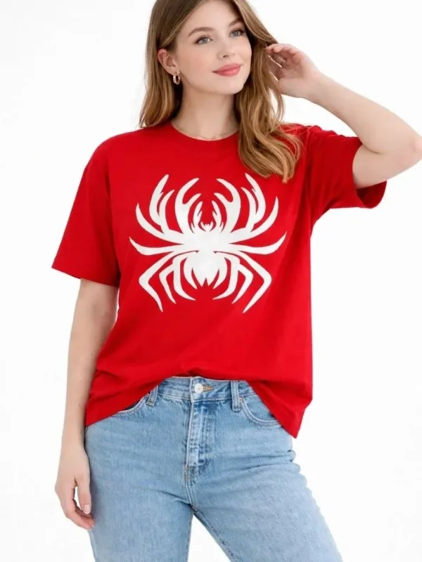 Női Piros Oversize Pók Nyomott Kerékpárnyakú Póló 1