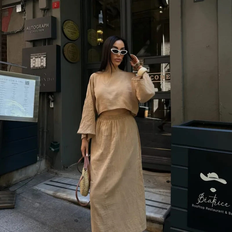 Blouse And Skirt Muslin Set Camel