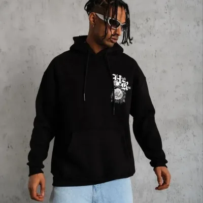 Pánská černá oversized bavlněná potištěná mikina s kapucí, 3-nitná 1