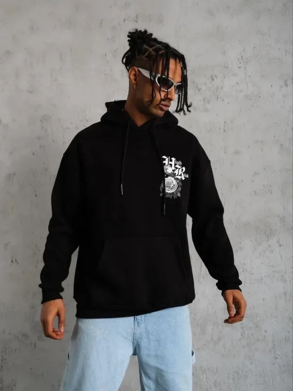 Pánská černá oversized bavlněná potištěná mikina s kapucí, 3-nitná 1